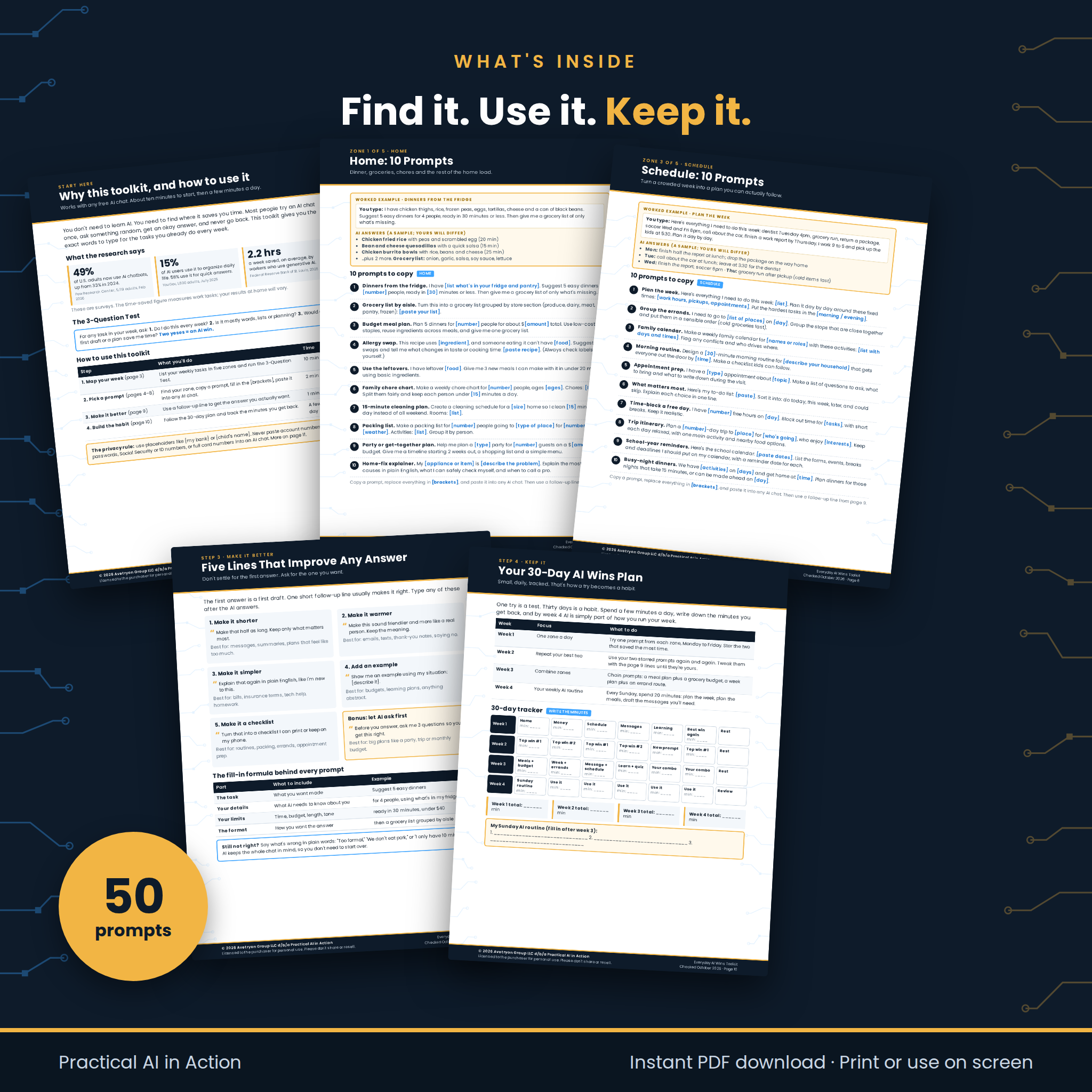 Preview of the toolkit's prompt pages, follow-up guidance and practice tracker